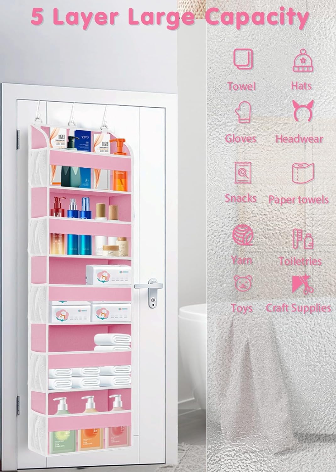 1 Pack Over The Door Storage Organizer with 5 Pockets 10 Mesh Pockets, 44 lbs Weight Capacity Door