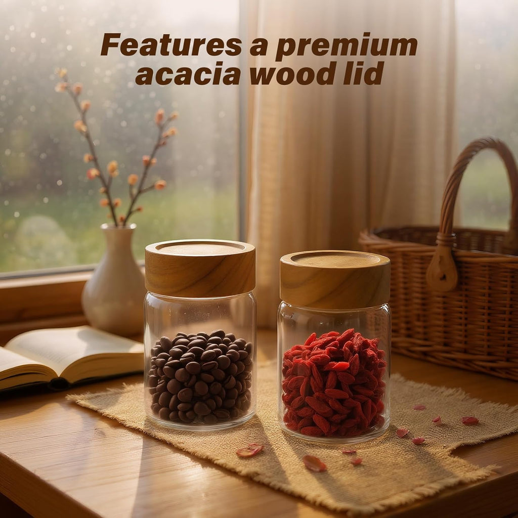 2pc Glass Mason Jars with Acacia Wood Airtight Lids - Overnight Oats & Food Storage Container Set