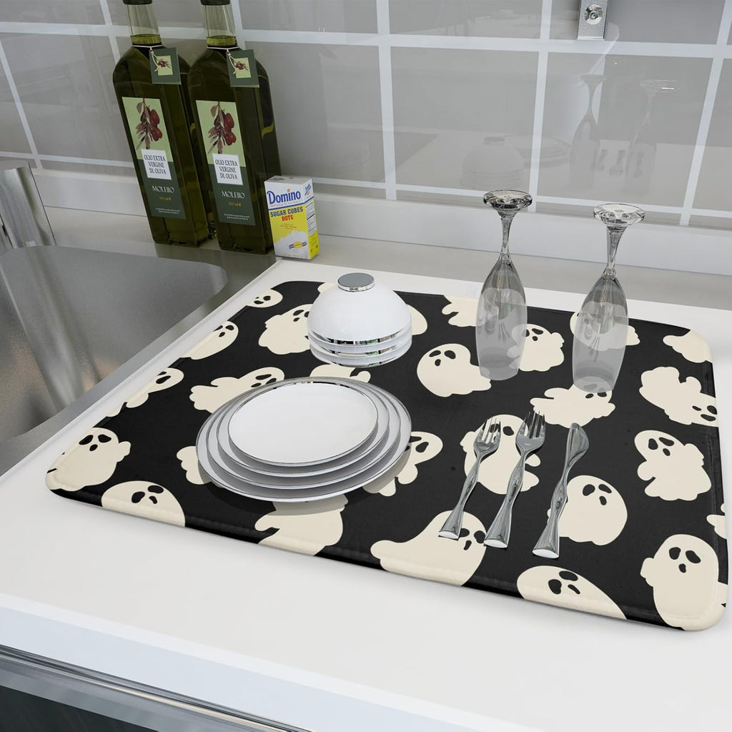 Halloween Ghosts Dish Drying Mat for Kitchen Counter Halloween Cute Ghost Drying Dish Mat 18”x24”