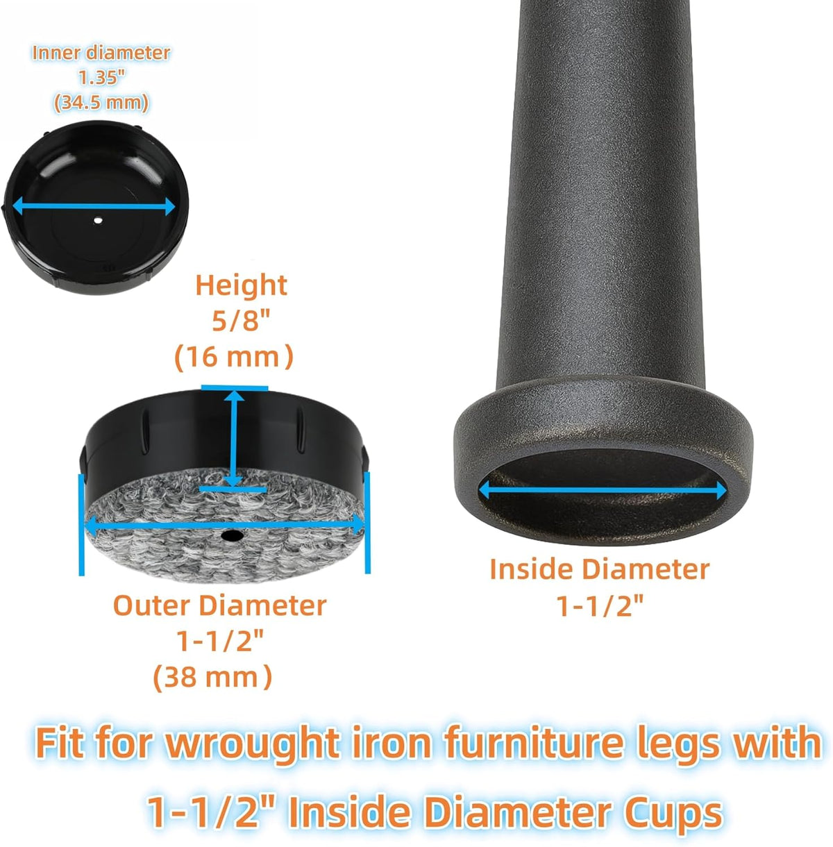 Wrought Iron Patio Furniture Feet Caps - Furnigear 1-1/2" Round Plastic Outdoor Chair Leg Caps