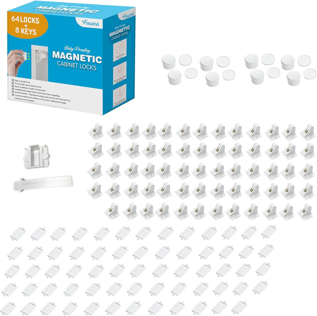 Vmaisi Adhesive Magnetic Locks for Cabinets & Drawers (64 Locks and 8 Keys)