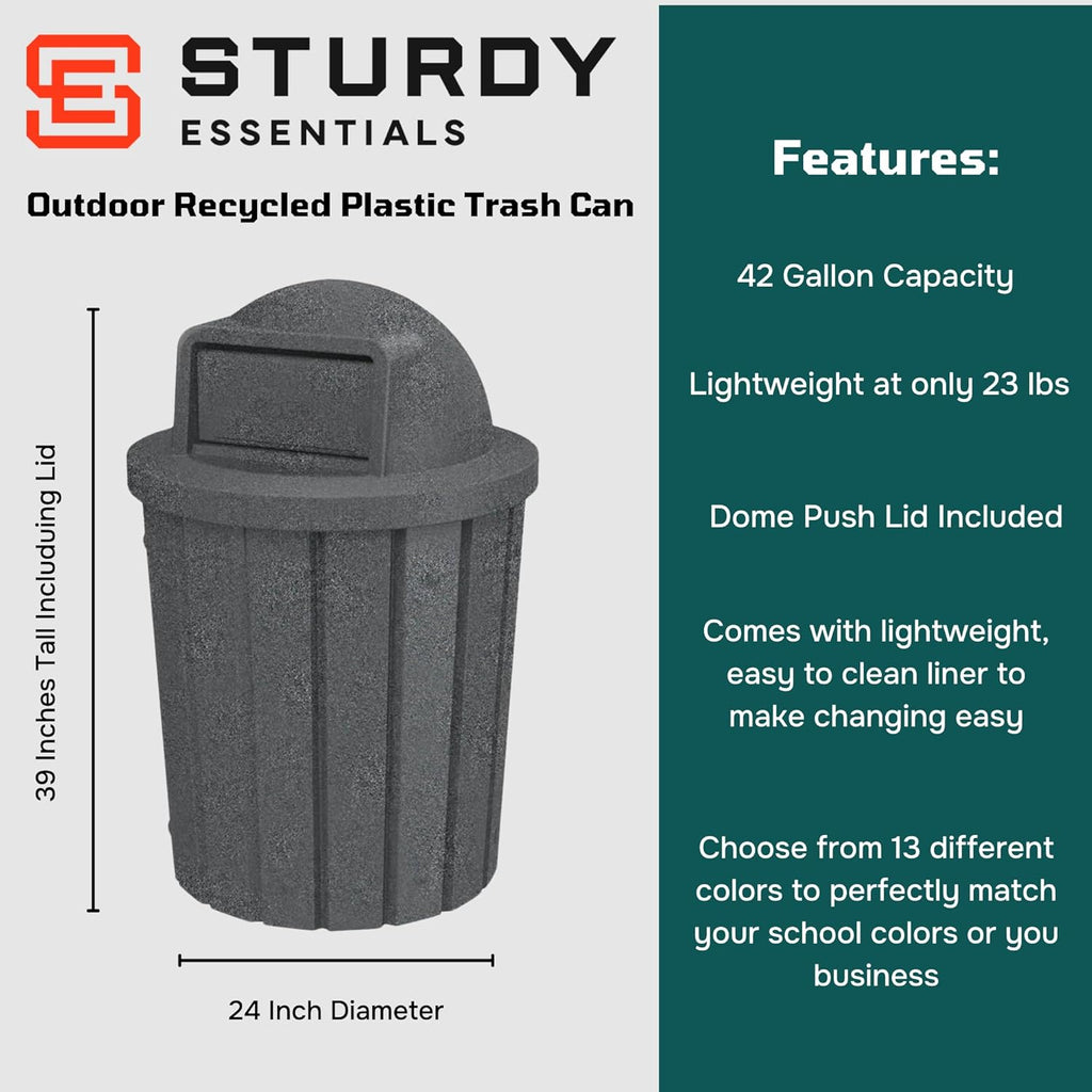 42 Gallon Slated Circle 100% Recycled Plastic Heavy Duty Outdoor Trash Can with Push Open Dome Lid