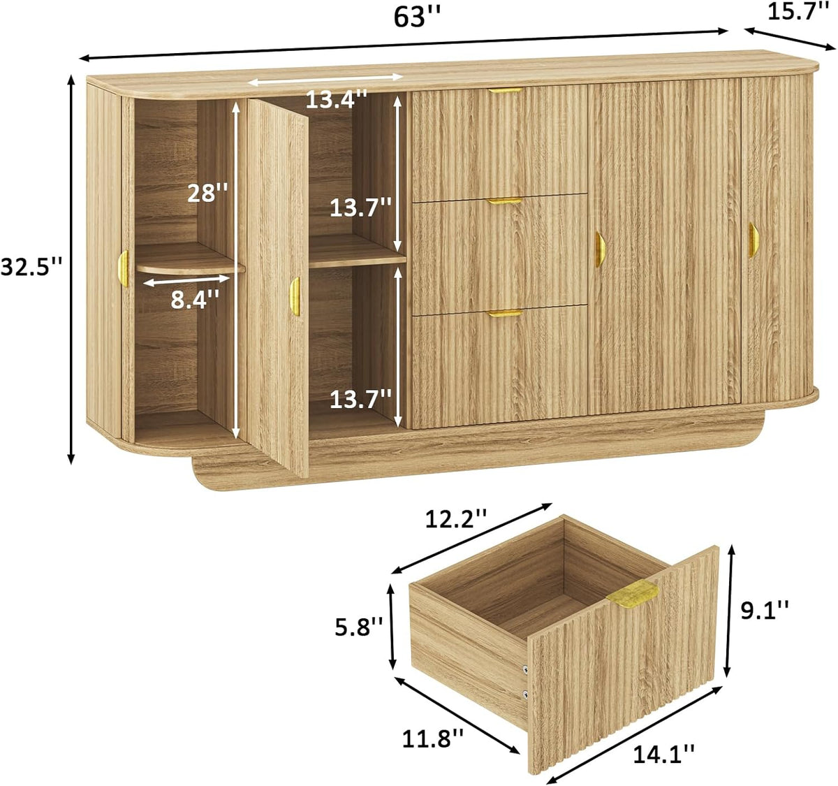 63" Tambour Dresser for Bedroom with 3 Drawers, Modern Chest of Drawers with Sliding Doors & 8