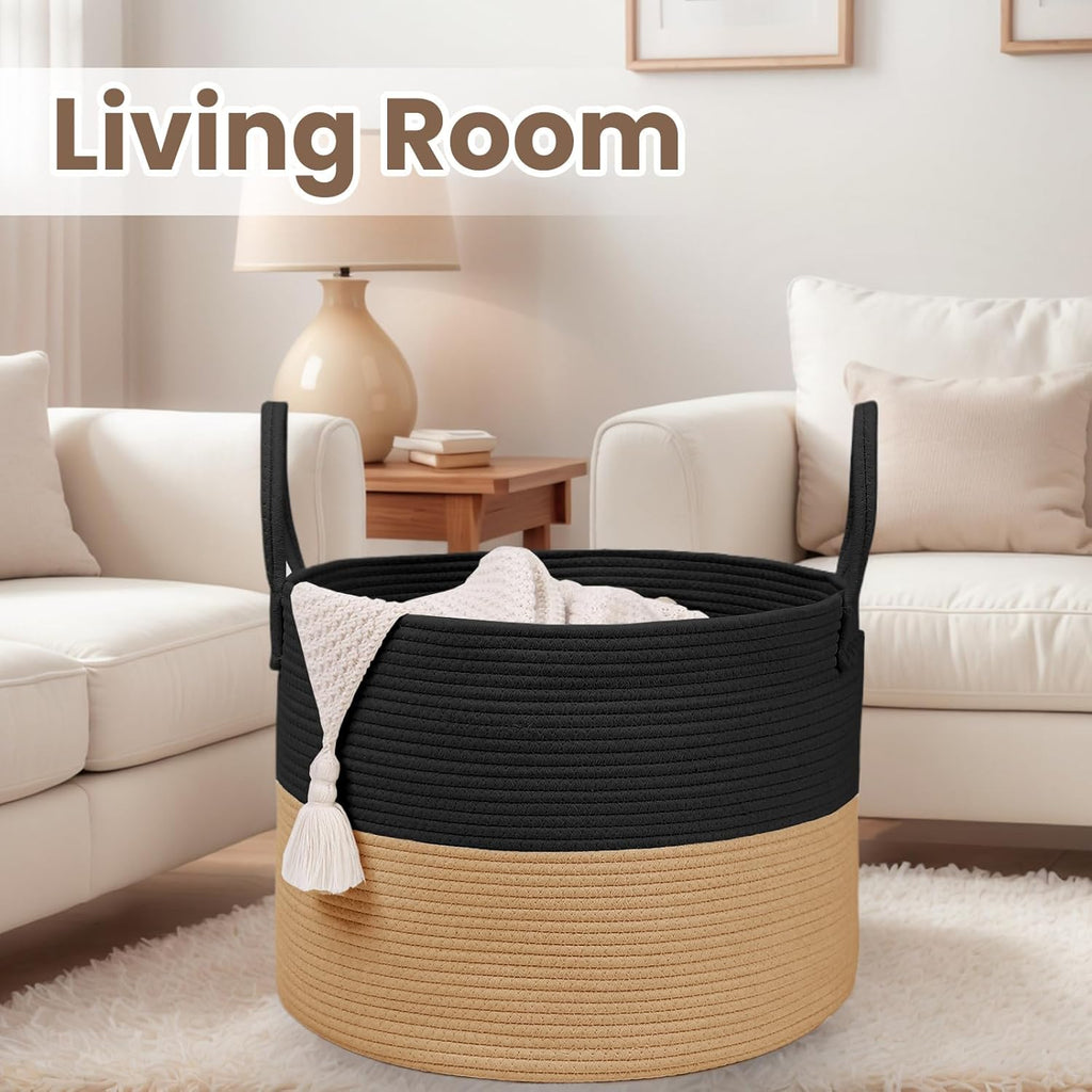 Woven Blanket Basket,65L Large Rope Storage Bin with Handles, Organizer for Blankets Toys Book and