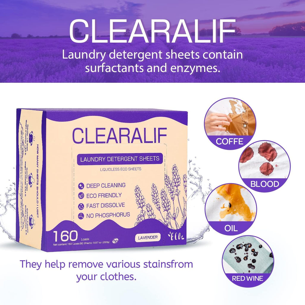 CLEARALIF Laundry Detergent Sheets 80 Sheets (Up to 160 Loads), Lavender - Great For Apartments