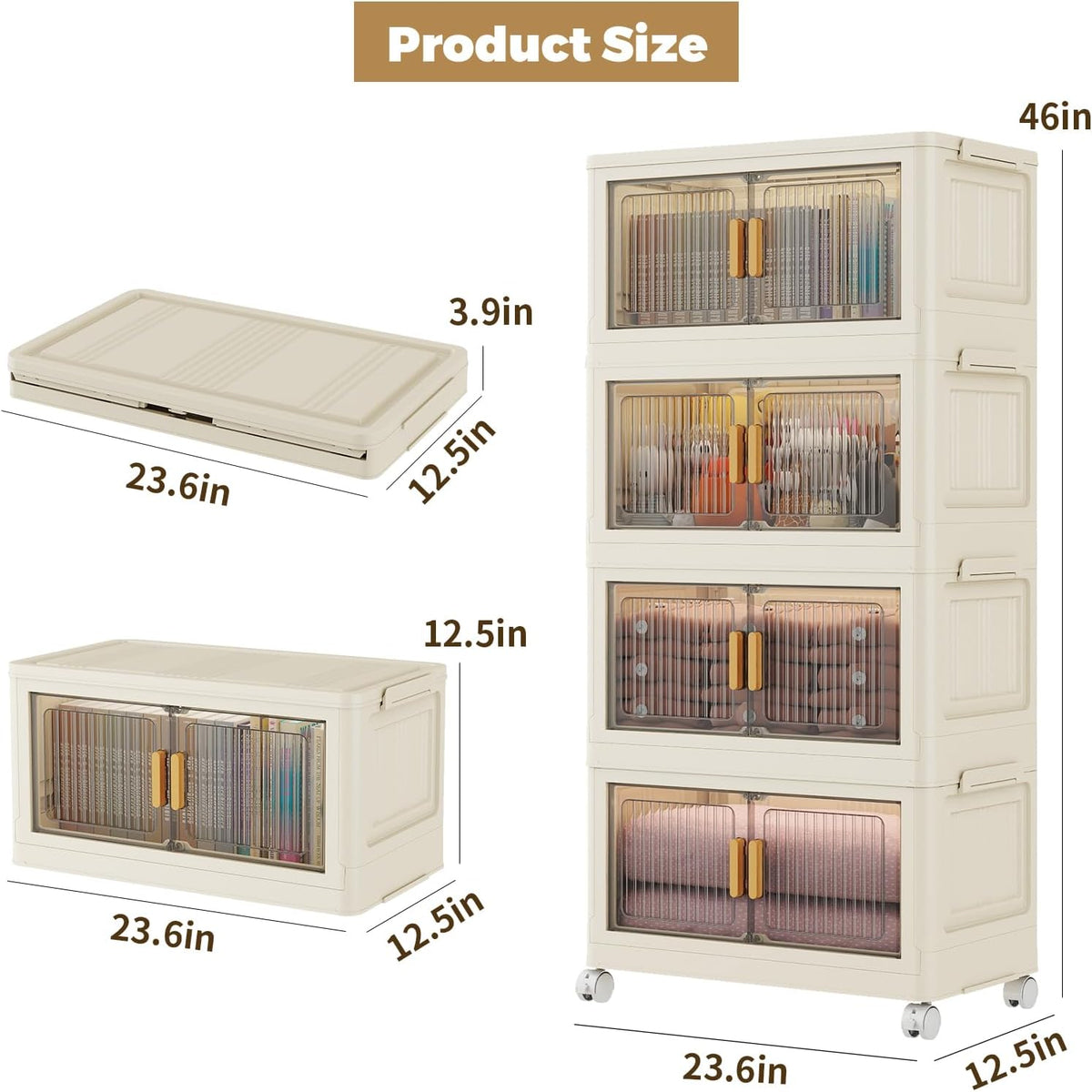 4 Tier Stackable Plastic Storage Bins with Lids 58QT, Collapsible Closet Organizers and Storage
