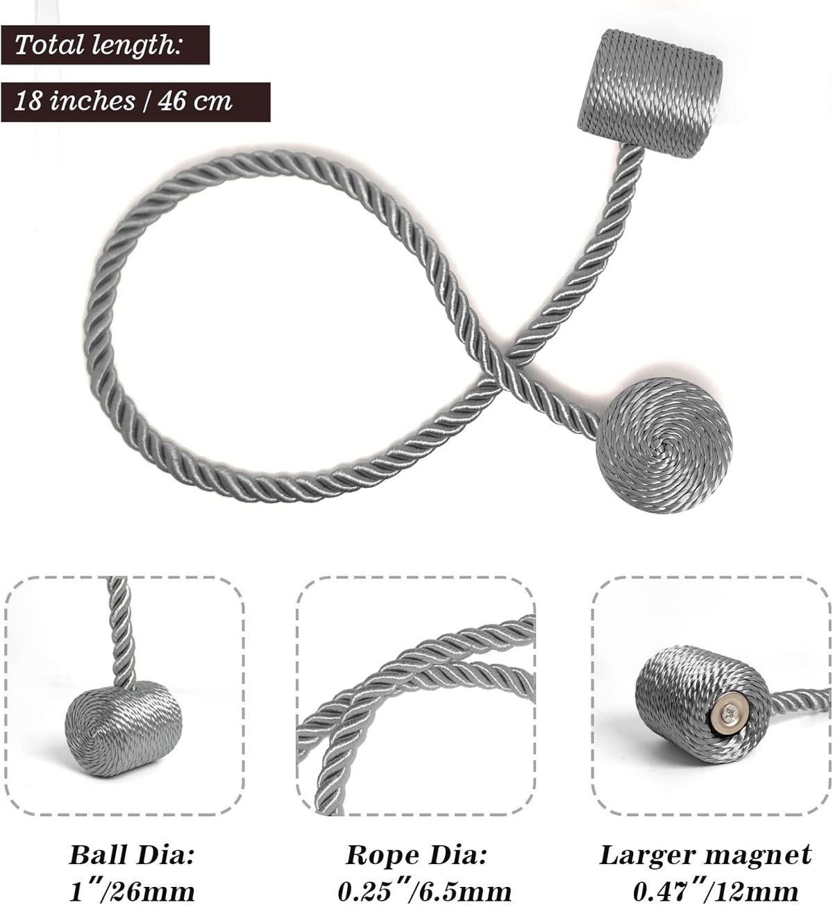 Hion Magnetic Curtain Tiebacks Grey 6 Pack, Curtain Tiebacks Buckles Holdbacks Holders Hooks Clip