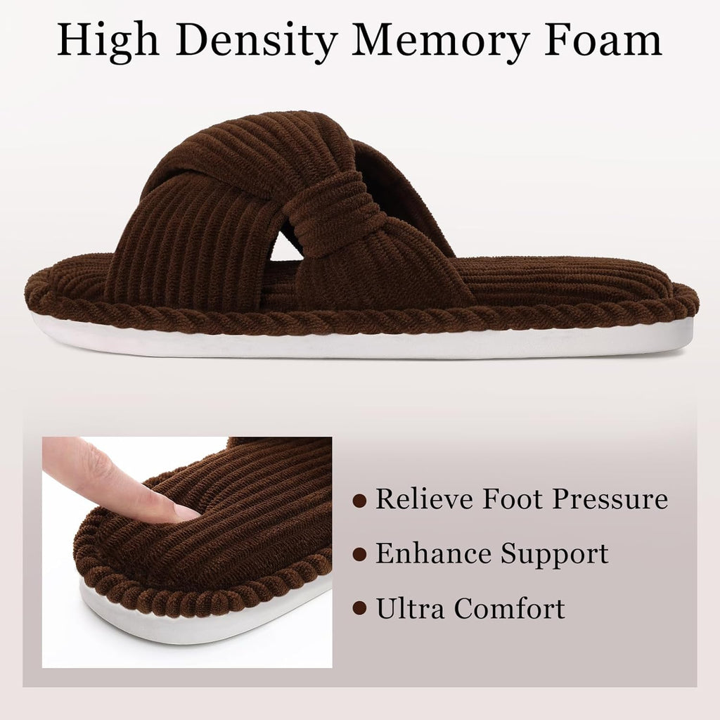 Evshine Summer House Slippers for Women Corduroy Cross Bow Indoor Slippers Open Toe Slip On Bedroom