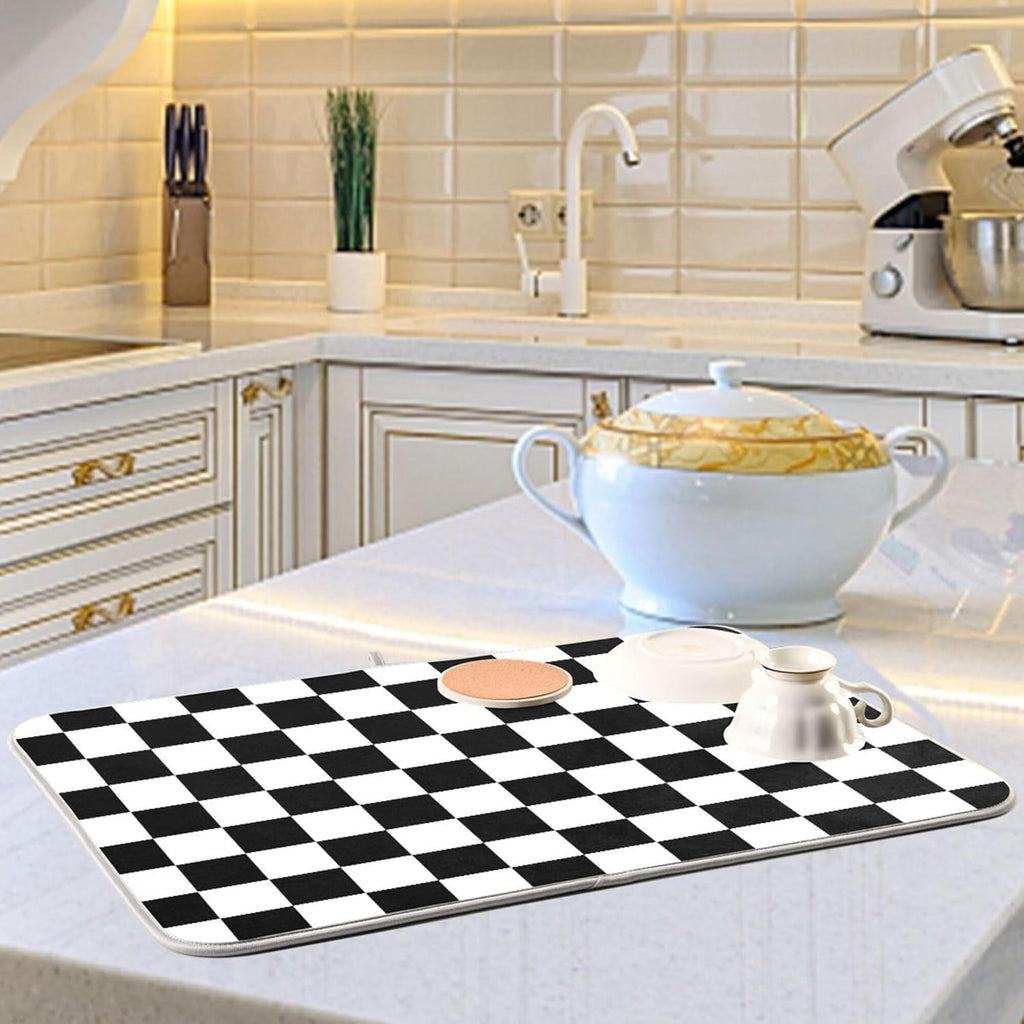 Black White Chessboard Dish Drying Mat for Kitchen Countertop 18x24 Plaid Checkered Rectangle Large