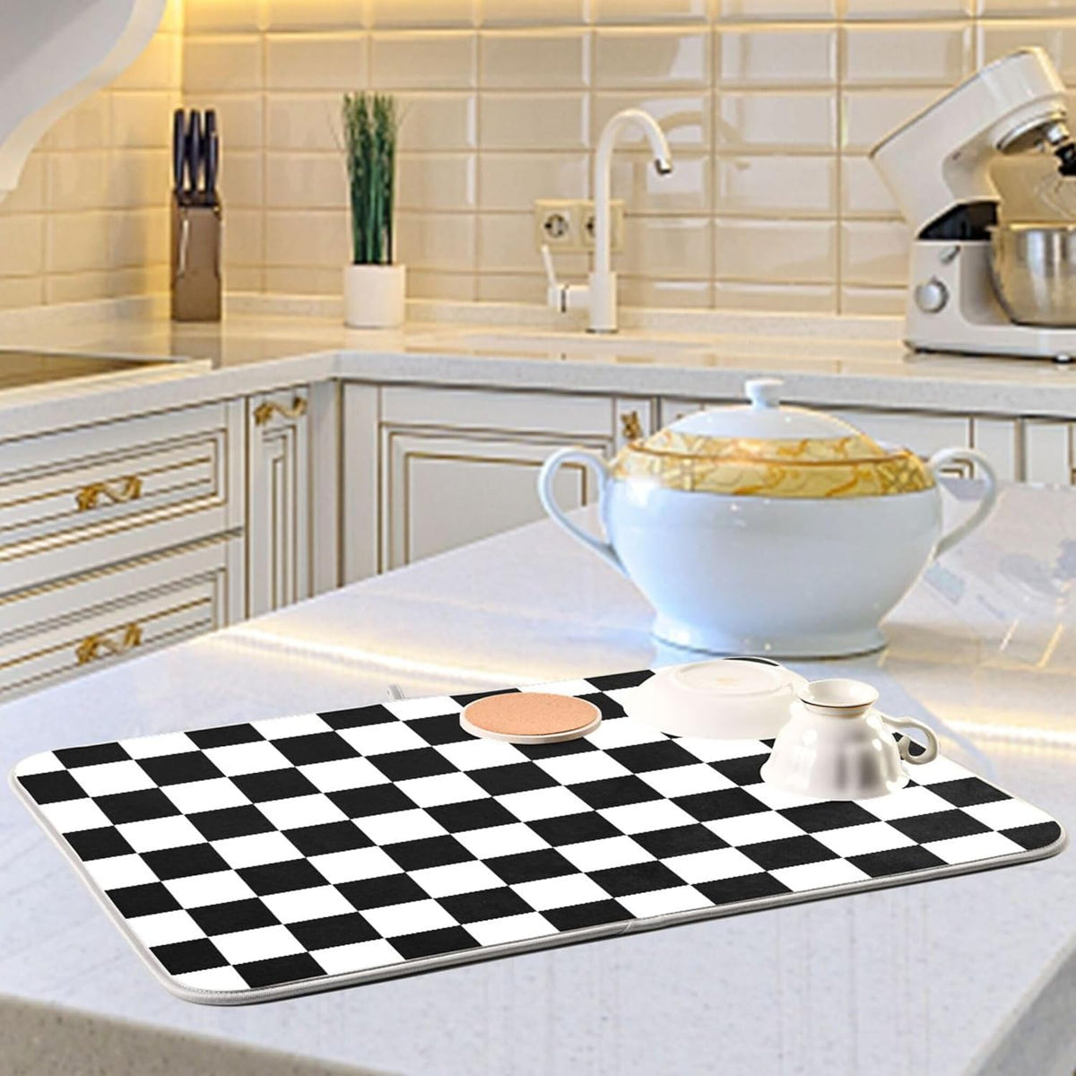 Black White Chessboard Dish Drying Mat for Kitchen Countertop 18x24 Plaid Checkered Rectangle Large