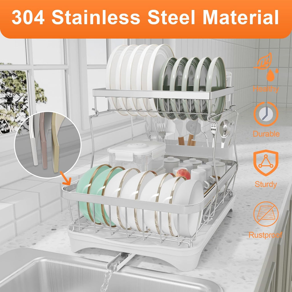 Dish Drying Rack - 304 Stainless Steel Dish Rack for Kitchen Counter, Adjustable Spout
