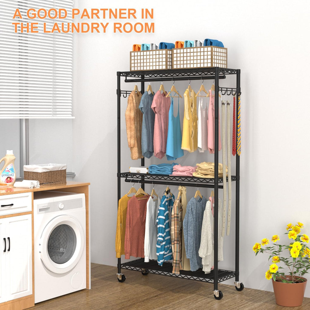 Clothes Rack, Clothing Racks for Hanging Clothes, 3 Tiers Adjustable Garment Rack with Wheels |