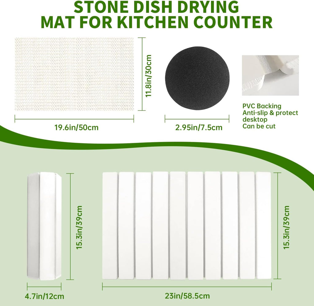 Stone Drying Mat for Kitchen Counter Square, 23.62"x15.35", Collapsible Quick Dry Dish Drying Mat
