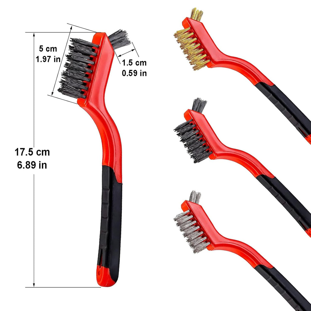 6Pcs Mini Wire Brush Set, Stainless Steel/Brass/Nylon Bristles Wire Brushes, Curved Handle Soft