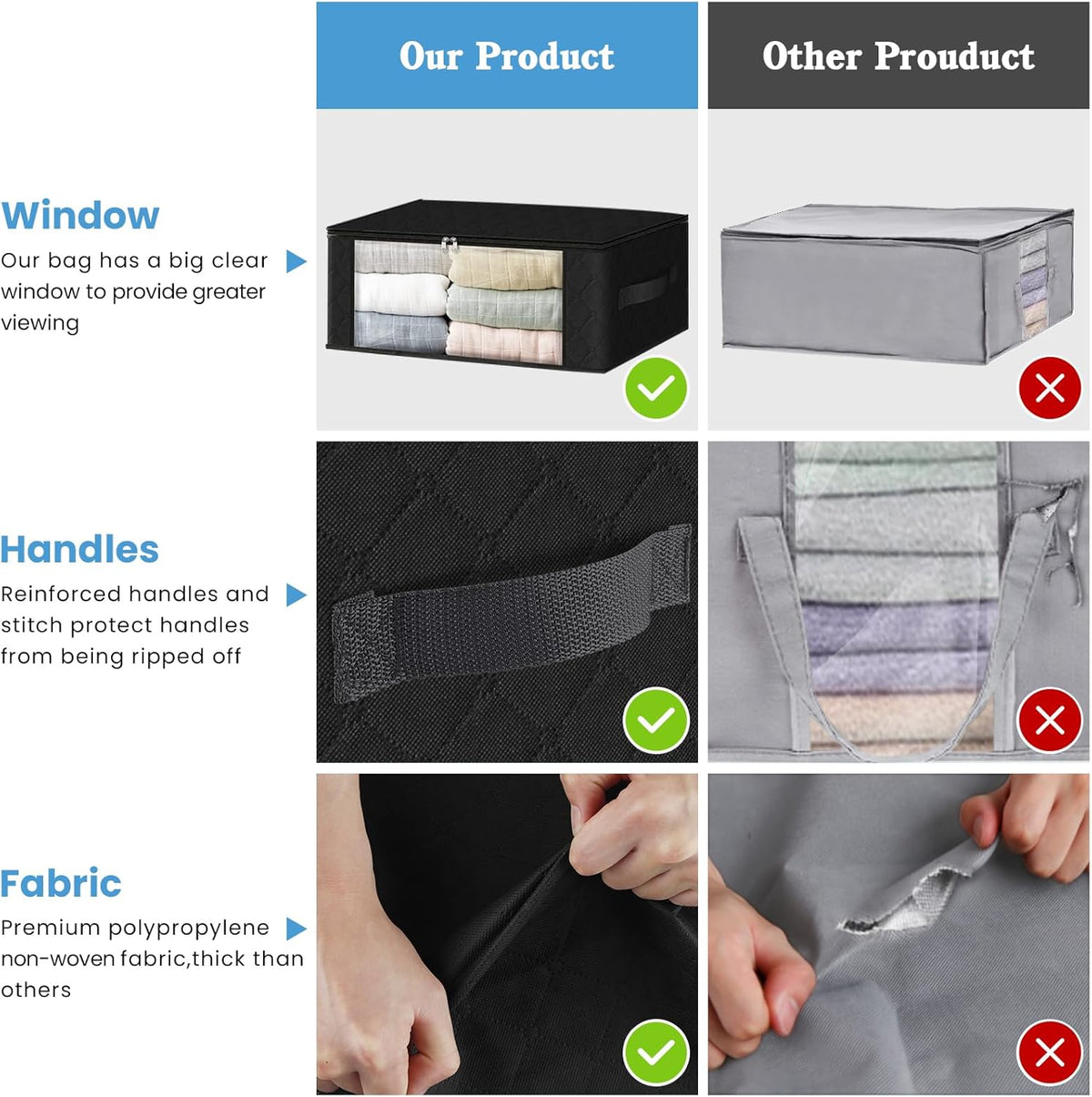 HomeHacks Storage 3-Pack Clothes Organizer Storage Bags Foldable Storage Box with Large Clear