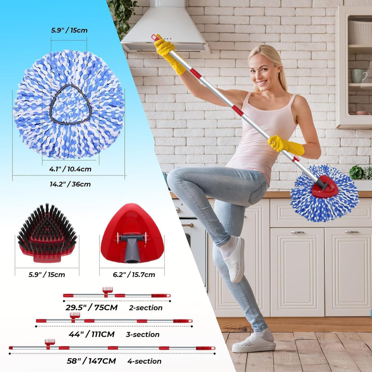 2 Pack Spin Mop Heads Replacement Compatible with O Cedar RinseClean 2 Tank, Upgraded Scrub Brush,4