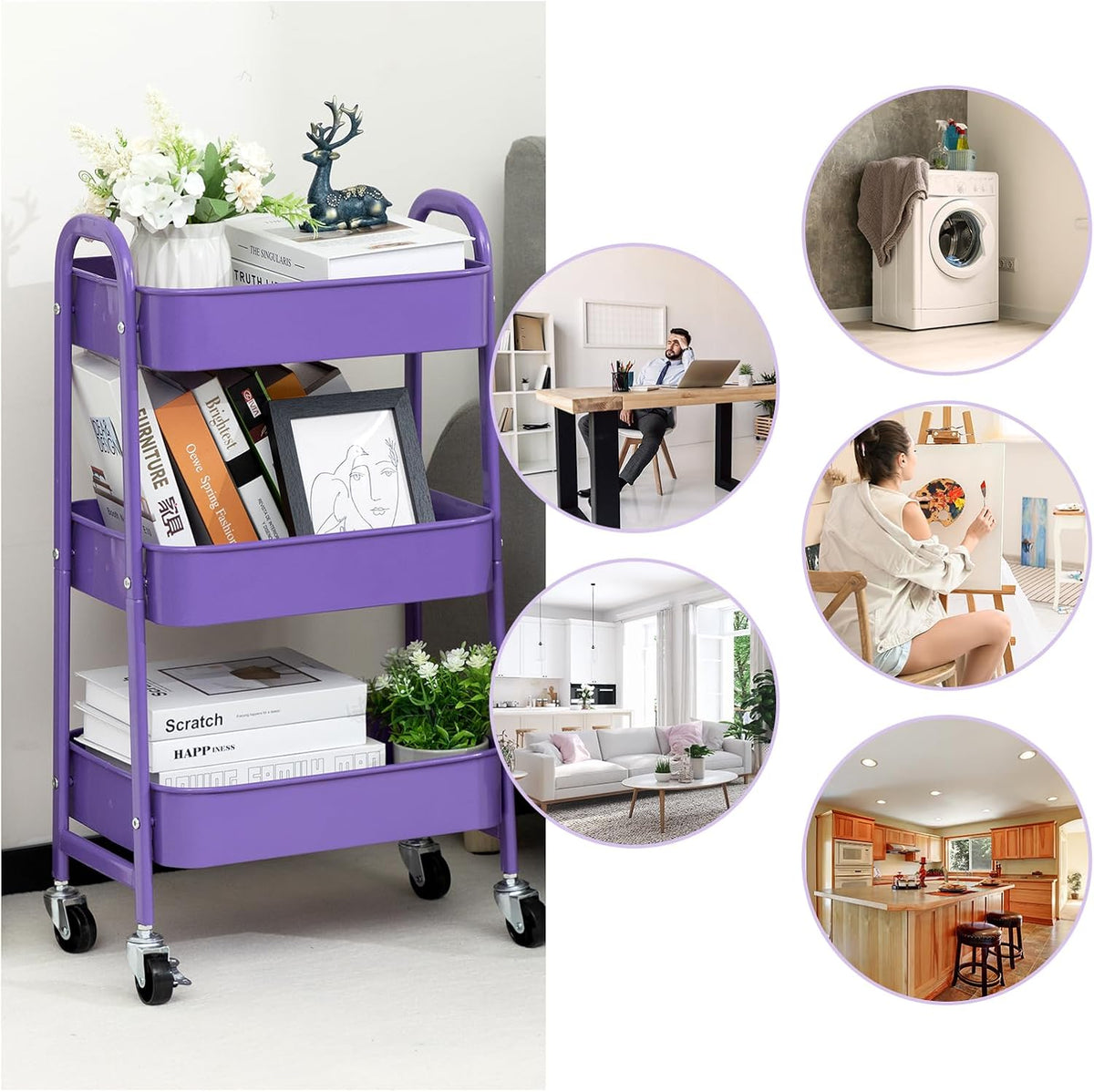 AGTEK Makeup Cart, Movable Rolling Organizer Cart, 3 Tier Metal Utility Cart with Lockable Wheels