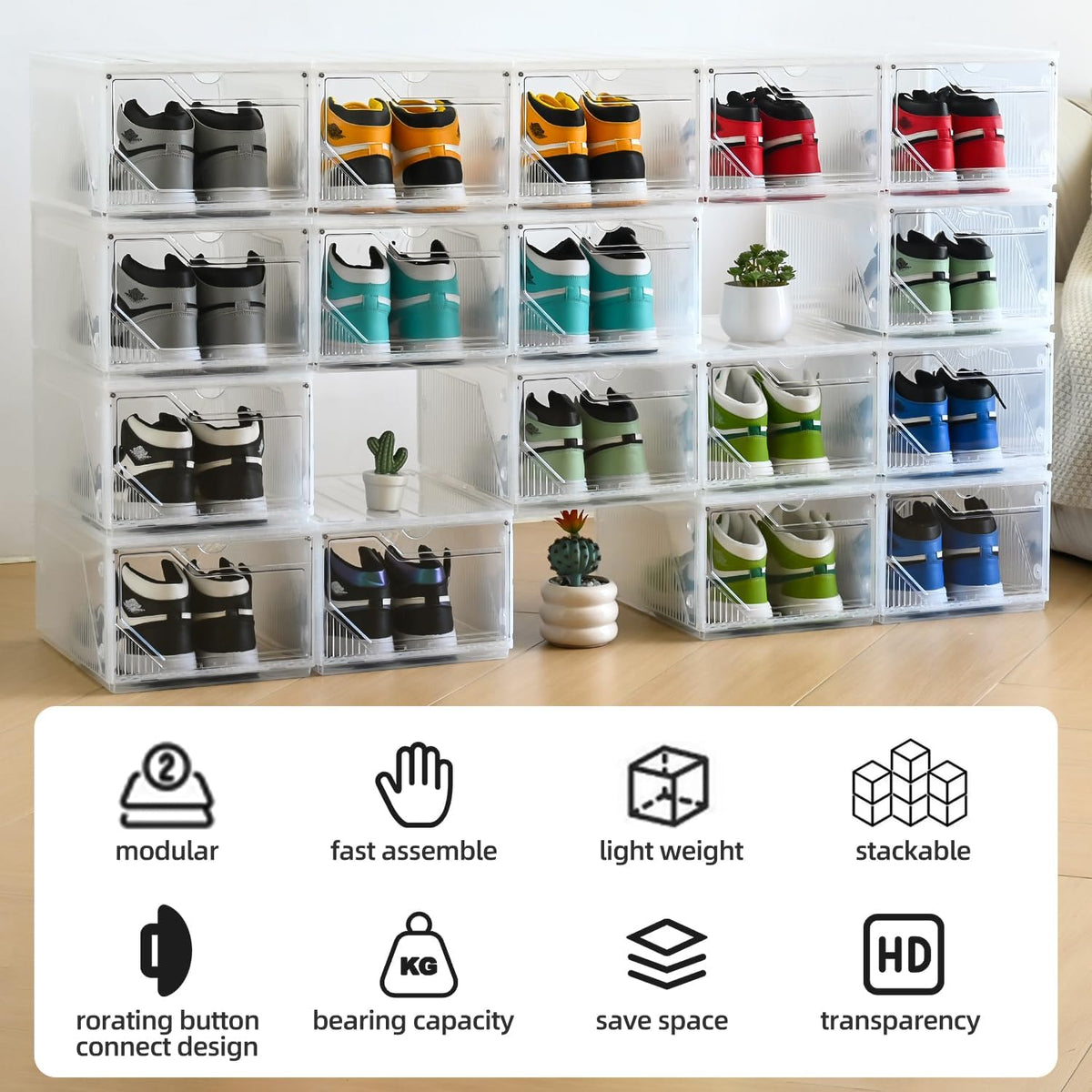 Modular XX-Large Shoe Organizer,6 Pack Shoe Storage Organizer Easy to Assemble,Shoe Box Clear