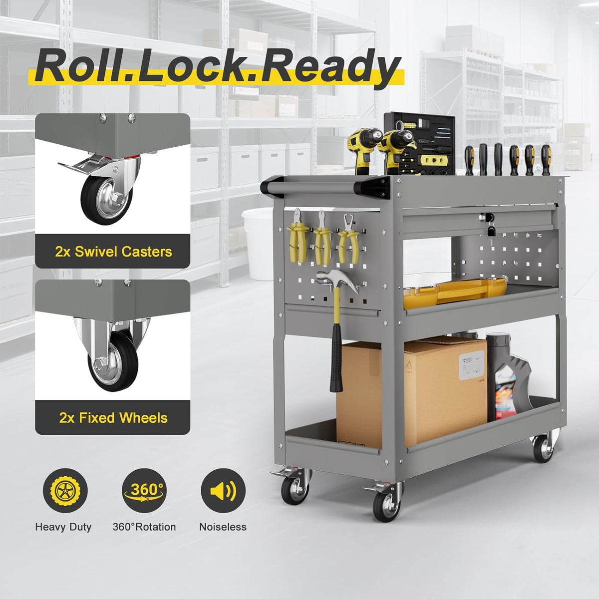 3-Tier Rolling Tool Cart with Drawers, Heavy Duty Utility Storage Cart with pegboard, Lockable