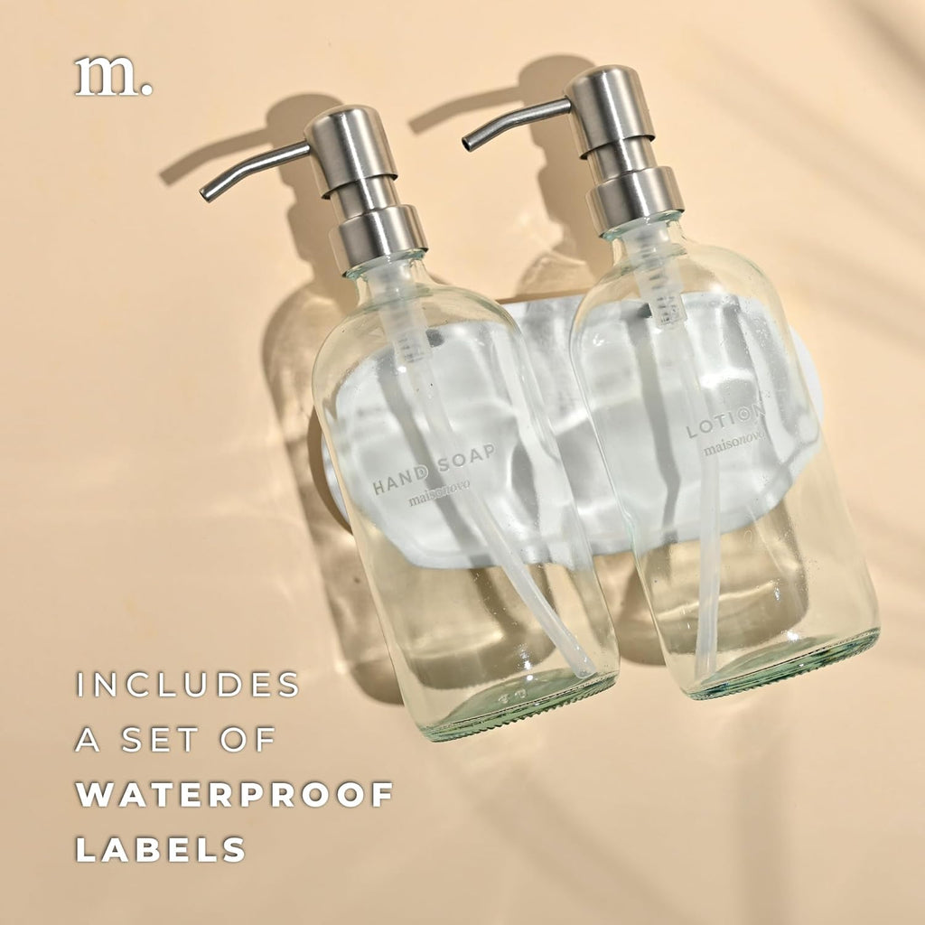 MaisoNovo Soap Dispenser 3-Piece Set | 16.9oz Clear Bottles with Silver Stainless Steel Pumps