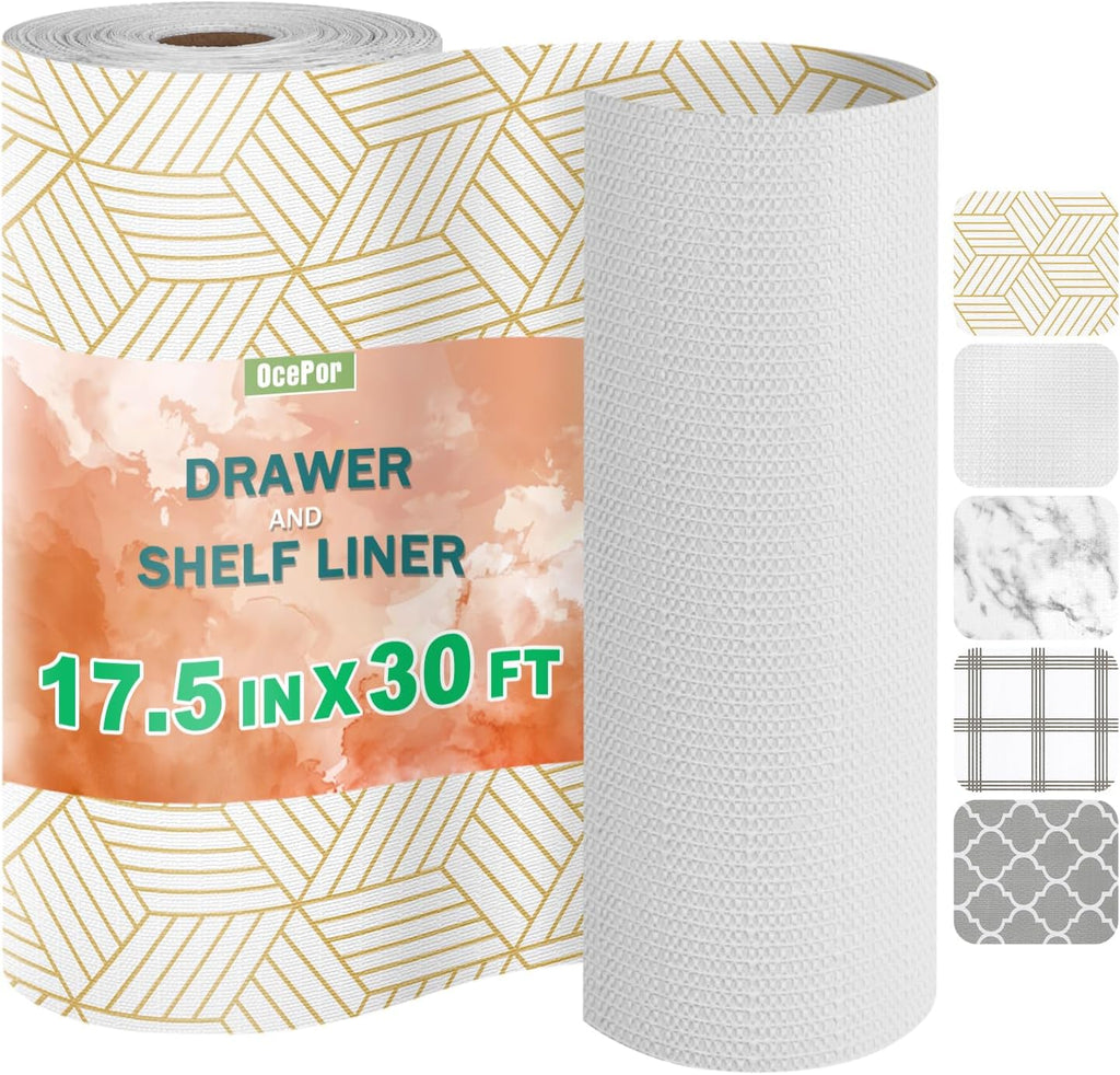 OcePor Non-Adhesive Drawer and Shelf Liner 17.5IN x 30FT，Non-Slip Kitchen Cabinet Liner