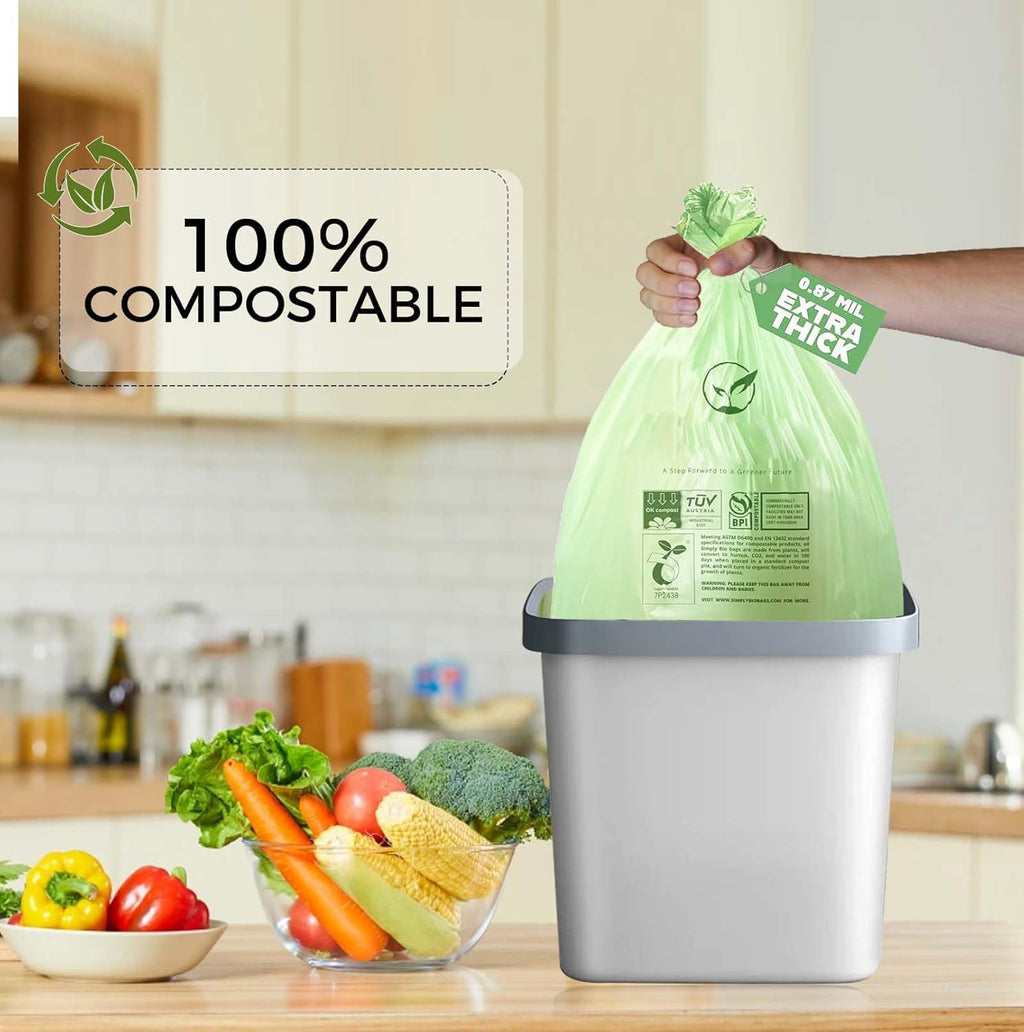 13 Gallon Compostable Trash Bags with Flat-Top, Thick 0.87 Mil, 49.21 Liter, 50 Bags, Tall Kitchen