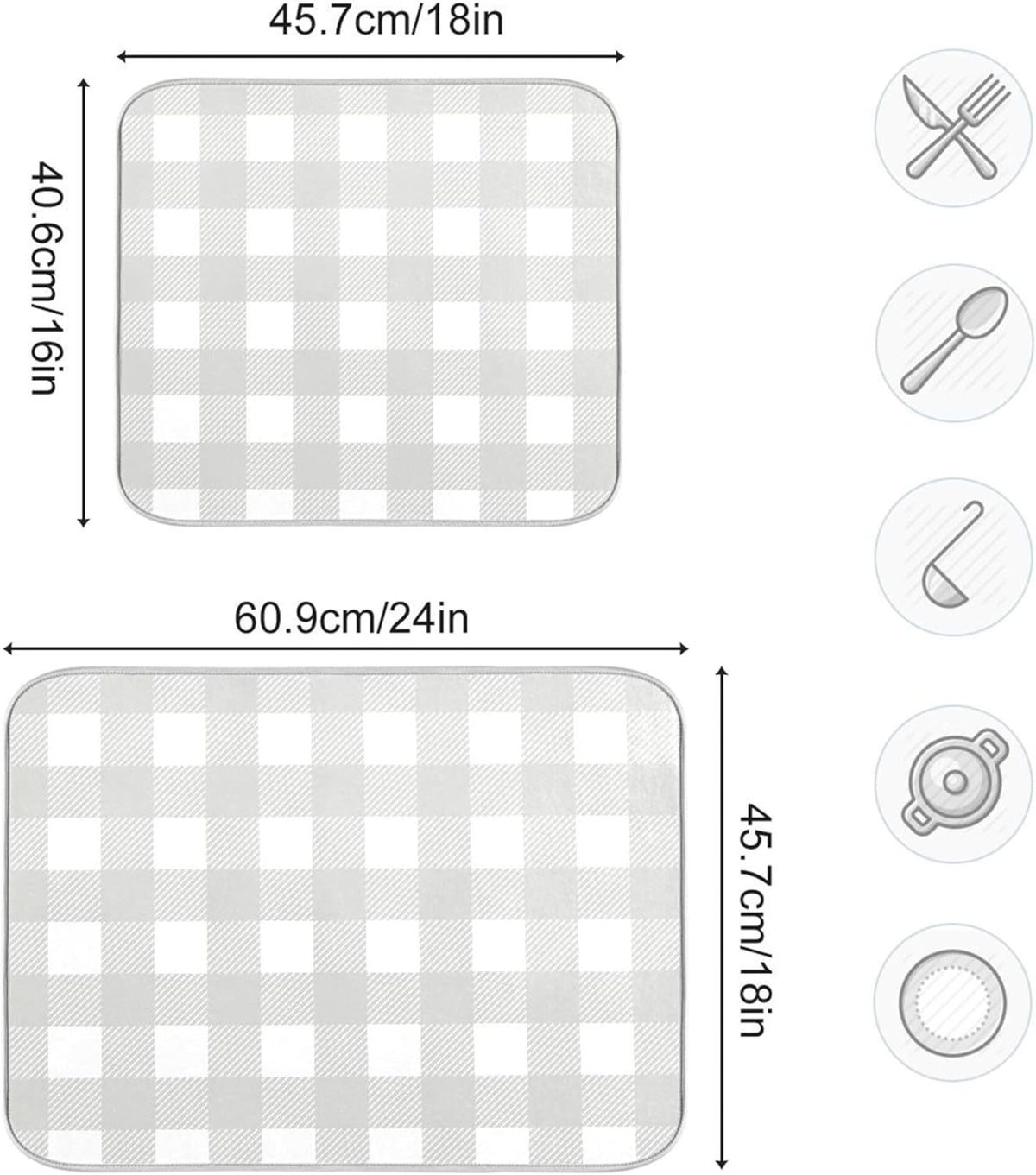 Buffalo Plaid Gray White Dish Drying Mat for Kitchen Countertop 18x24 Chessboard Rectangle Large