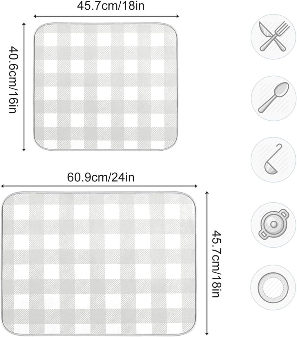Buffalo Plaid Gray White Dish Drying Mat for Kitchen Countertop 16x18 Chessboard Rectangle Small