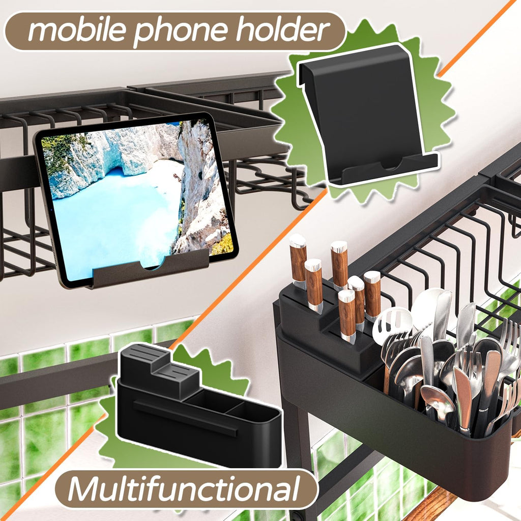 Over The Sink Dish Drying Rack, Expandable Height and Length, 2 Tier Large, Stainless Steel
