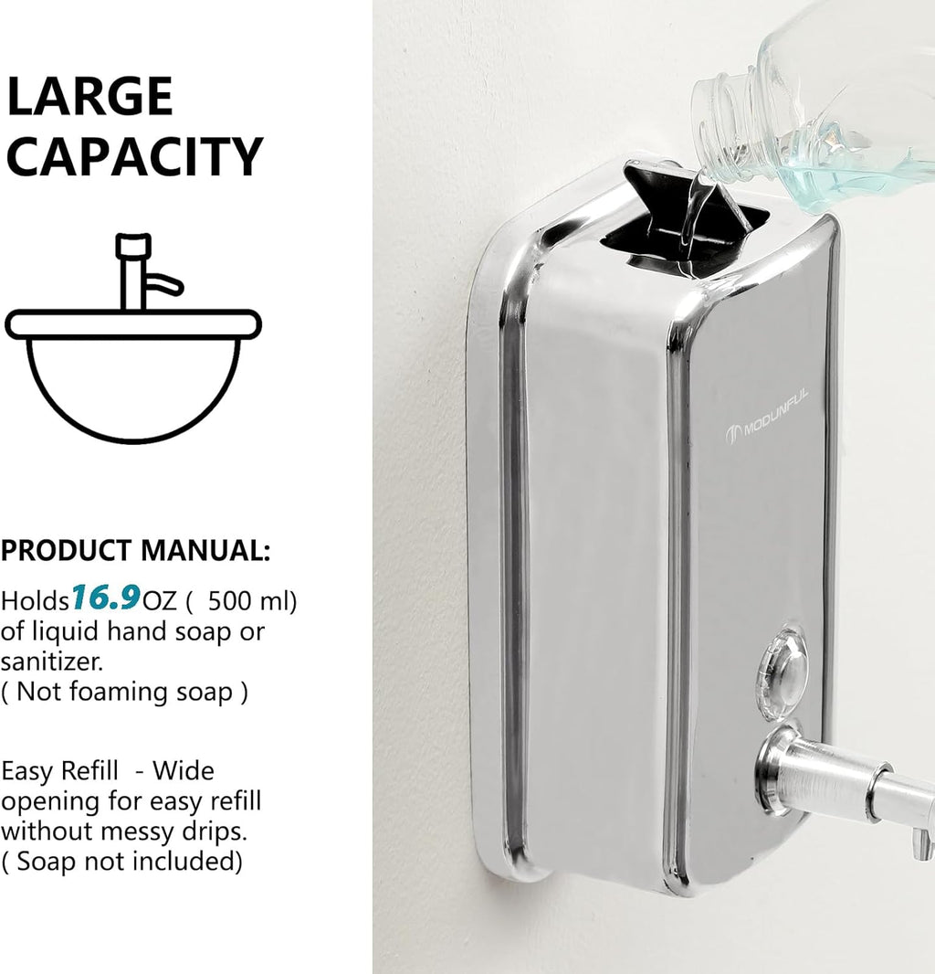 Stainless Steel Soap Dispenser for Home – 16.9oz Wall Mount, Anti-Leak Pump, Brushed Nickel Finish