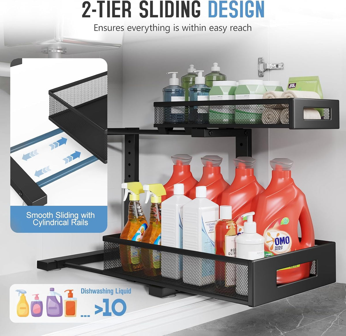 1 Pack-11.4"-16.14"H Under Sink Storage Organizer, Large 2-Tier Elegant Mesh Pull Out Shelf for