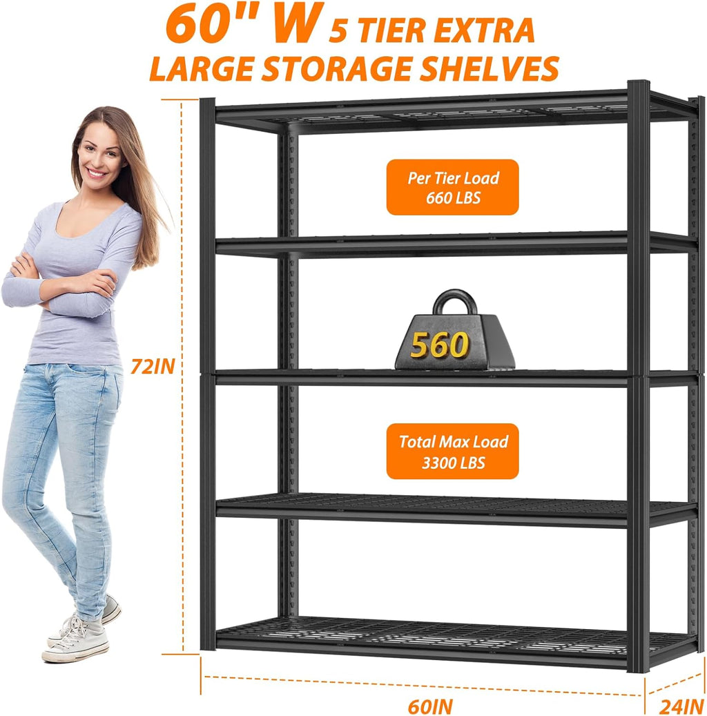 ROOMTEC 60" W Garage Shelving Heavy Duty,33000LBS Storage Shelves,5-Tier Adjustable Metal Shelving