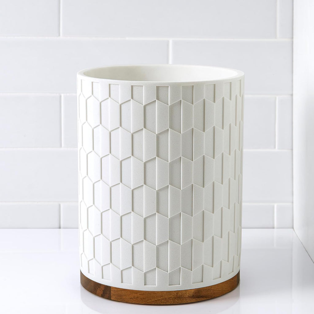 Allure Home Creation Sarasota Resin with Wood Accent Wastebasket Trash Can Compact Size, White