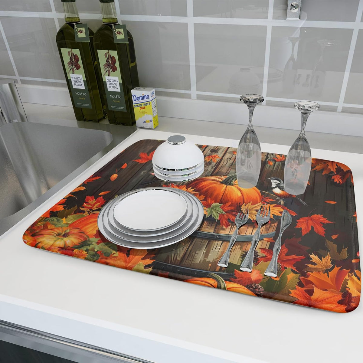 Fall Pumpkin Dish Drying Mat for Kitchen Counter Autumn Pumpkin Dish Mats for Drying 16x18 Inch