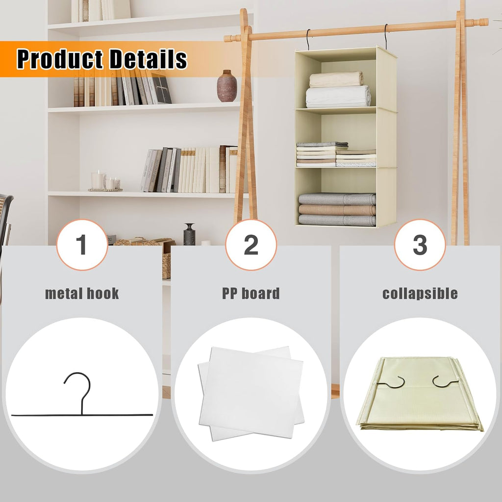 Hanging Closet Organizer and Storage 3-Shelf, Easy Mount Foldable Hanging Closet Wardrobe Storage