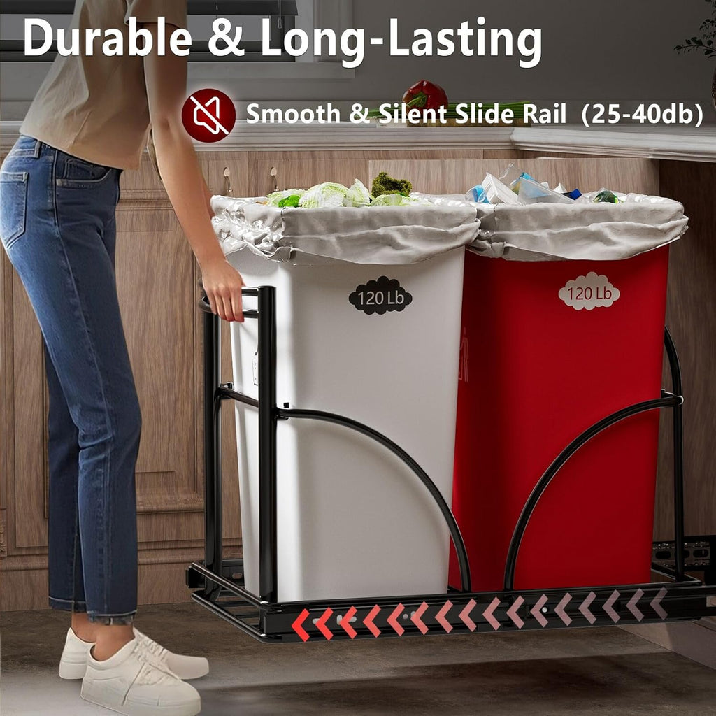 Dual Under Sink Trash Can Heavy Duty Pull Out Trash Can Under Cabinet, Fits 2x35Qt (7-9 Gal)