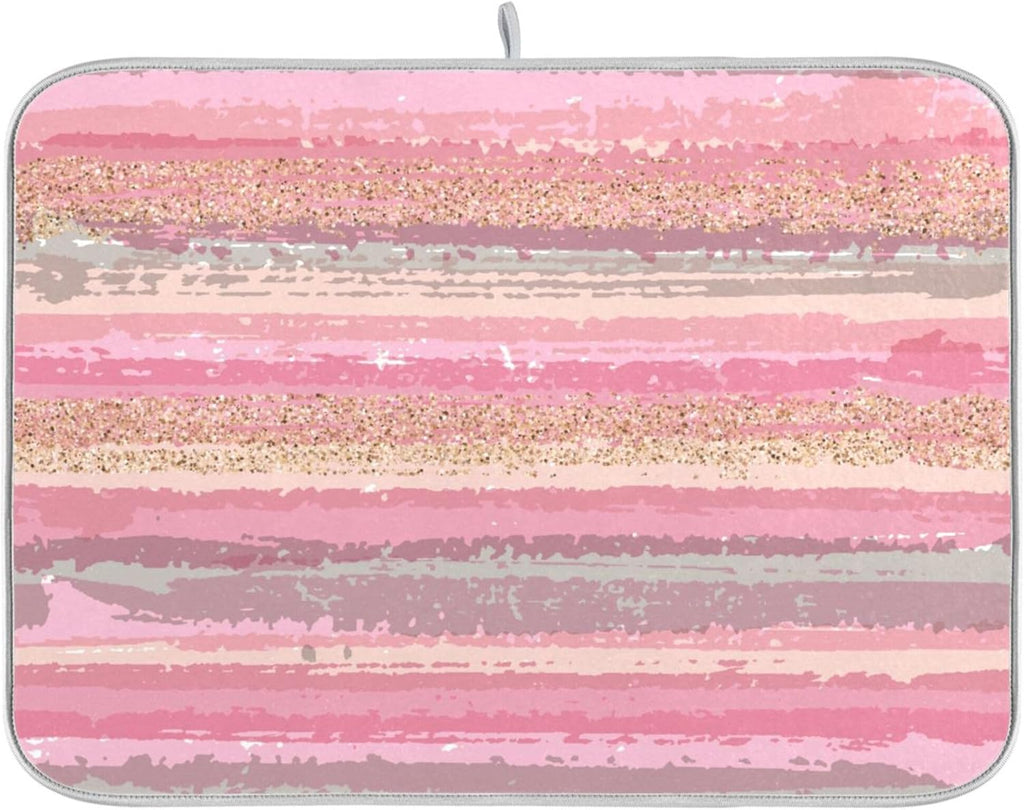 Pink Gold Stripe Dish Drying Mat for Kitchen Countertop 16x18 Rectangle Small Drying Mat Reusable