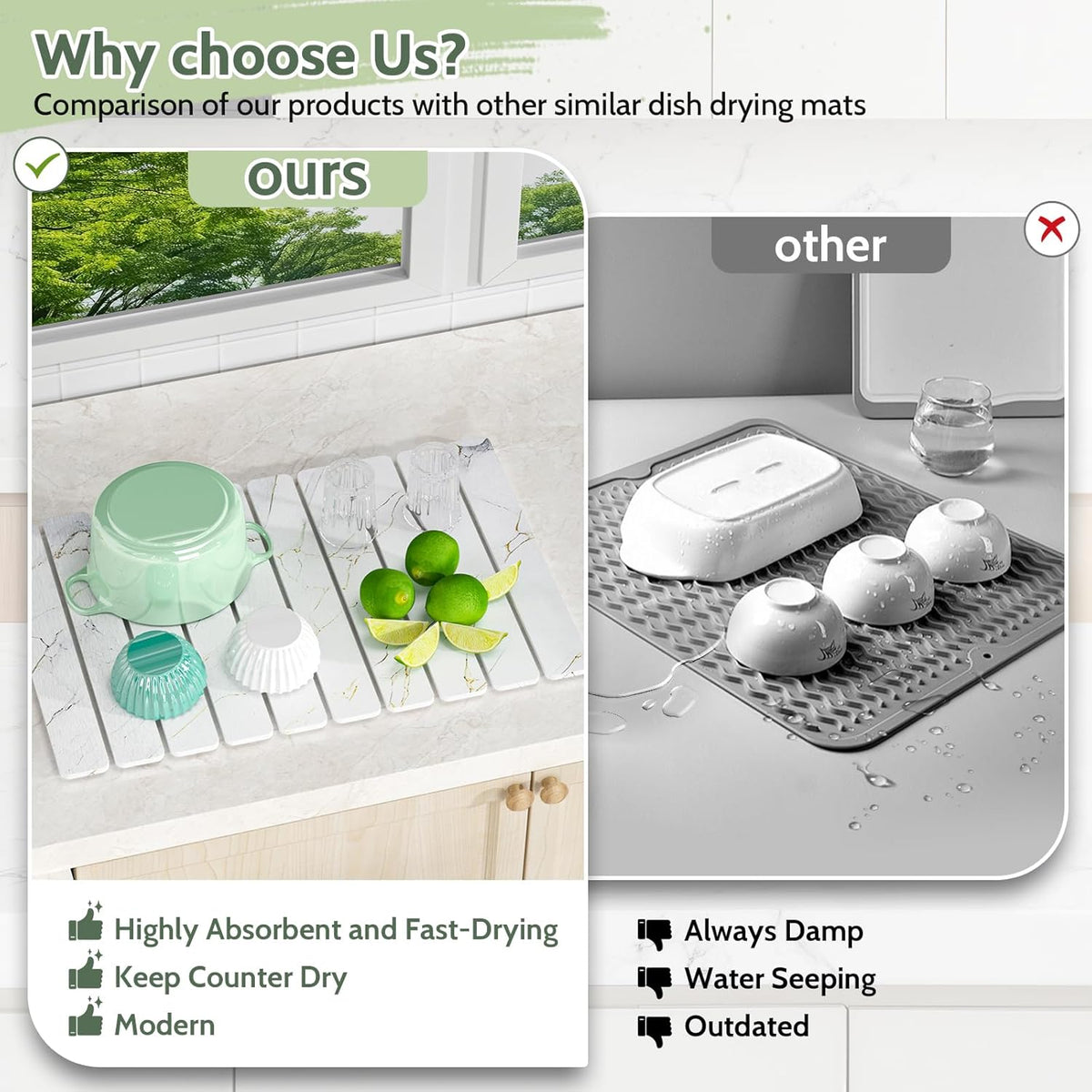 Stone Drying Mat for Kitchen Counter - 24x16 Inches Foldable Quick-Dry, Stone Dish Drying Mat