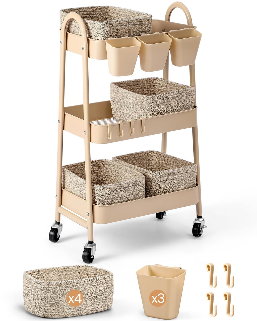 3-Tier Rolling Utility Cart with 4 Woven Baskets, Diaper Book Snack Cart, Storage Organizer for