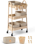 3-Tier Rolling Utility Cart with 4 Woven Baskets, Diaper Book Snack Cart, Storage Organizer for