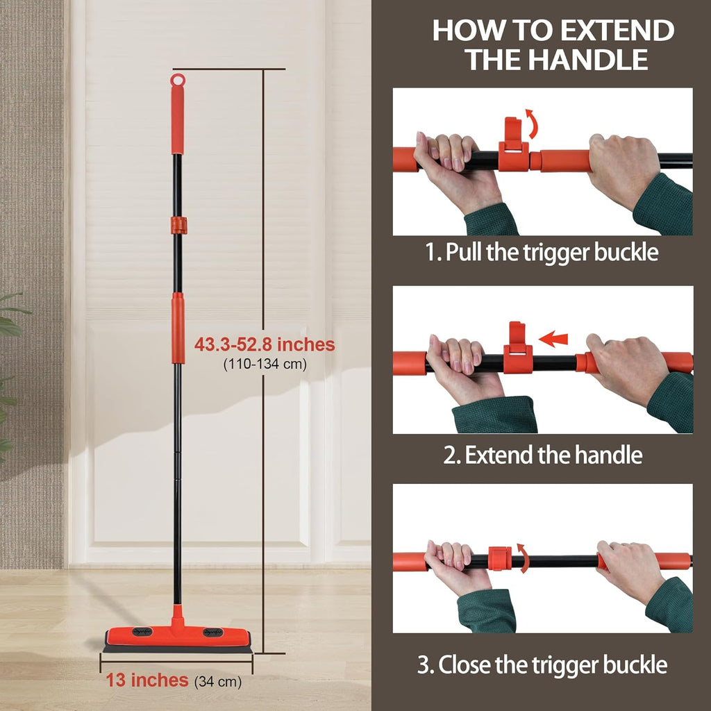 JEHONN Rubber Broom Carpet Rake Brush for Pet Hair with Squeegee, 52.8 inches Long Handle Silicone