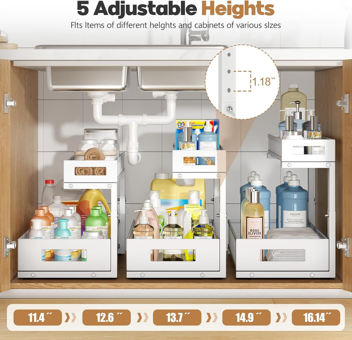 2 Pack 19IN Depth Under Sink Storage Organizer, Large 2-Tier Elegant Mesh Pull Out Shelf for