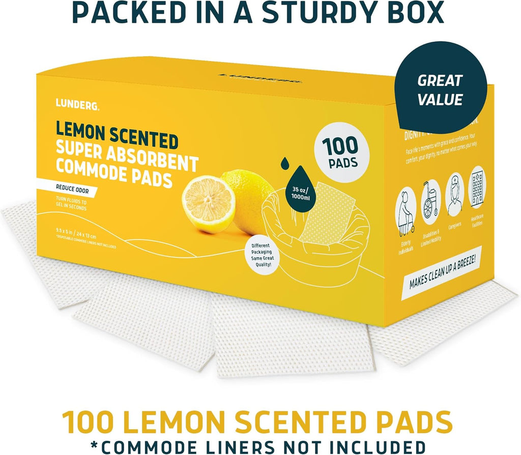 Lunderg Lemon Scented Super Absorbent Commode Pads - Medical Grade Value Pack 100 Count - for