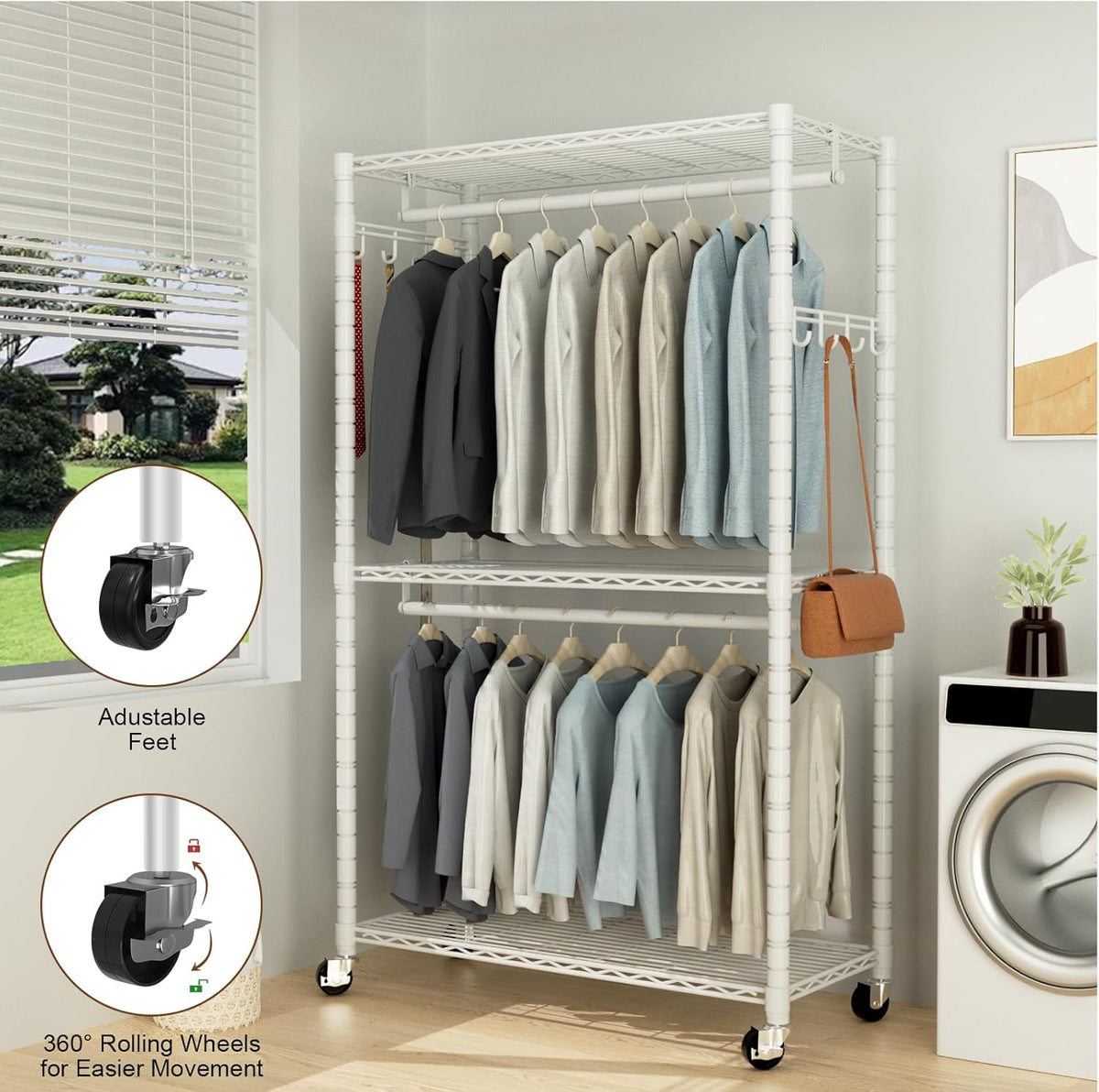 Clothes Rack, Clothing Rack for Hanging Clothes, 3 Tiers Adjustable Heavy Duty Closet Organizer