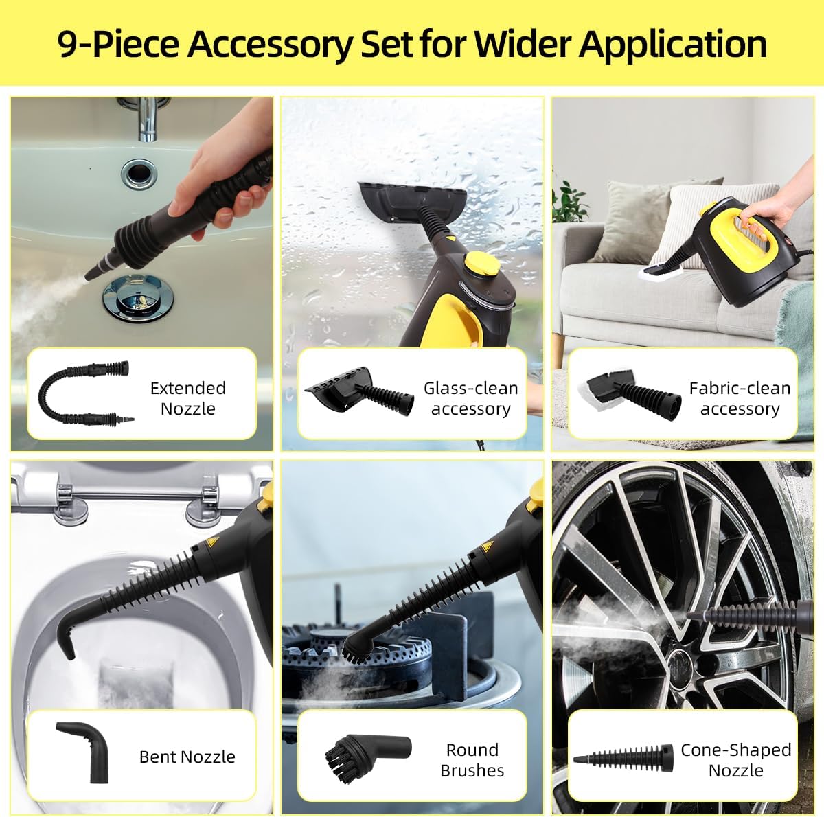 Handheld Steam Cleaner 1350W High Power with 9 Piece with Safety Lock Multi-Purpose Steamer for