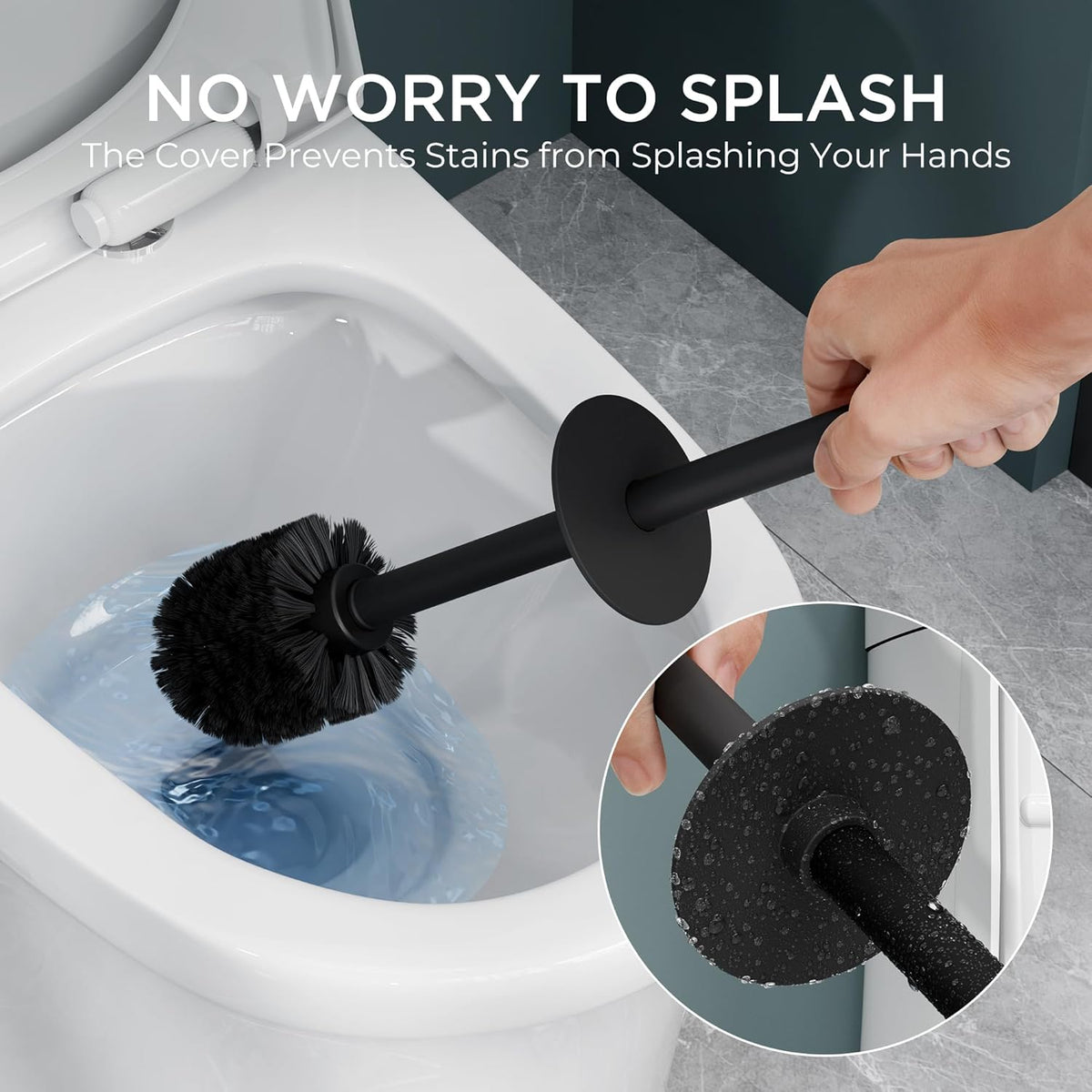 FORIOUS Toilet Brush and Holder Set Black, Heavy Duty 304 Stainless Steel Base and Long Handle