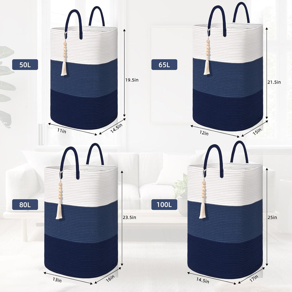 Woven Laundry Basket for Clothes,65 L Large Rectangle Laundry Hampers with Beads Tassel, Nursery