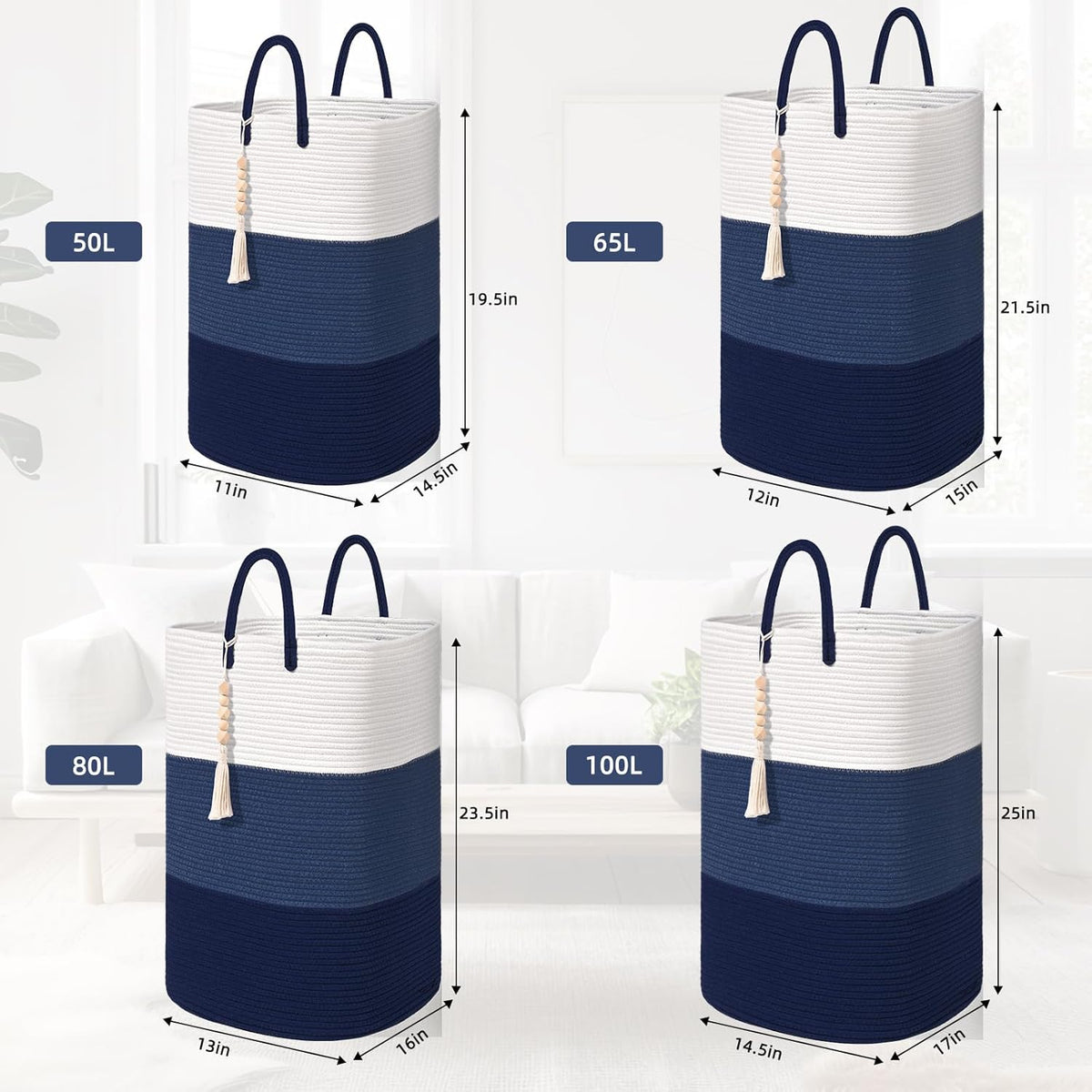 Woven Laundry Basket for Clothes,65 L Large Rectangle Laundry Hampers with Beads Tassel, Nursery