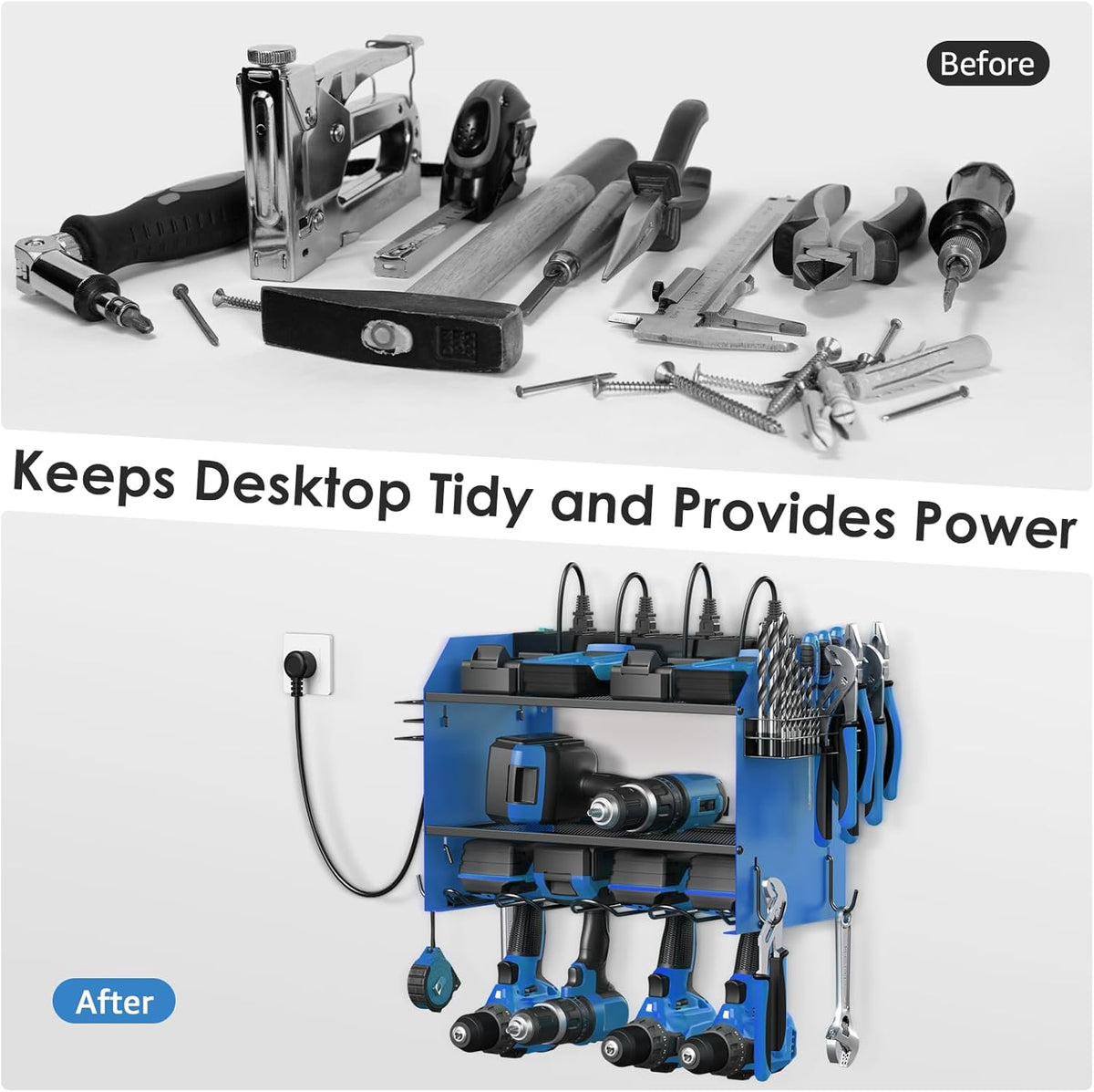 CCCEI Set Power Tool Organizer Wall Mount with Charging Station. Garage 4 Drill Storage Shelf with