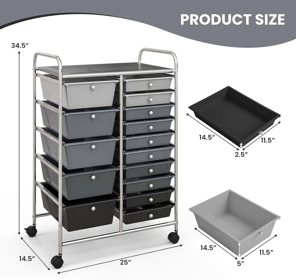 GOFLAME 15-Drawer Rolling Storage Cart, Multipurpose Movable Organizer Cart, Utility Cart for Home